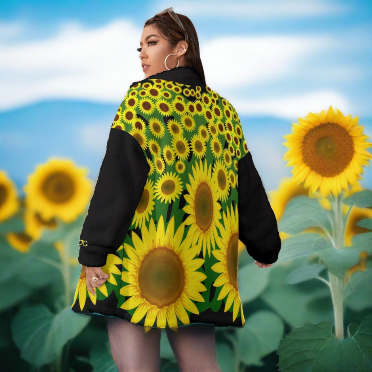 D.O.C. Sunflowers Borg Fleece Stand-up Collar Coat With Zipper