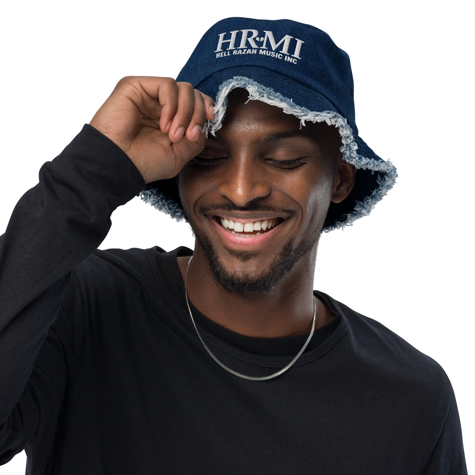 HRMI Embroidered Distressed Denim Bucket Hat