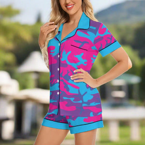 Grape Camo Pink Teal Purple Imitation Silk Pajama Set Sleeveless Top and Shorts