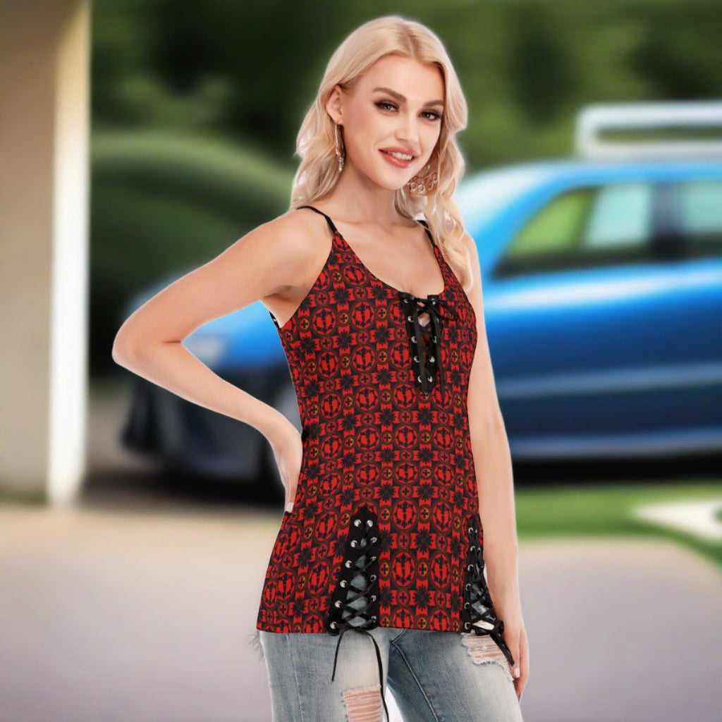 Renaissance Red & Black Women's V-neck Eyelet Lace-up Cami Dress