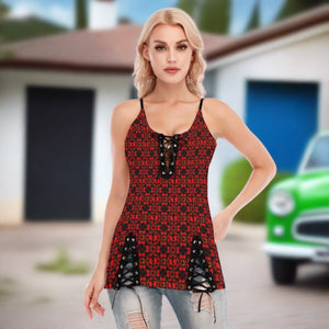 Renaissance Red & Black Women's V-neck Eyelet Lace-up Cami Dress