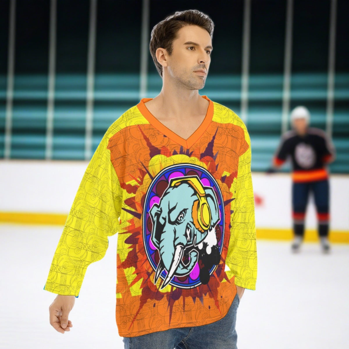 E.L.E. Orange & Yellow Hip Hop Beats Men's V-neck Ice Hockey Jersey