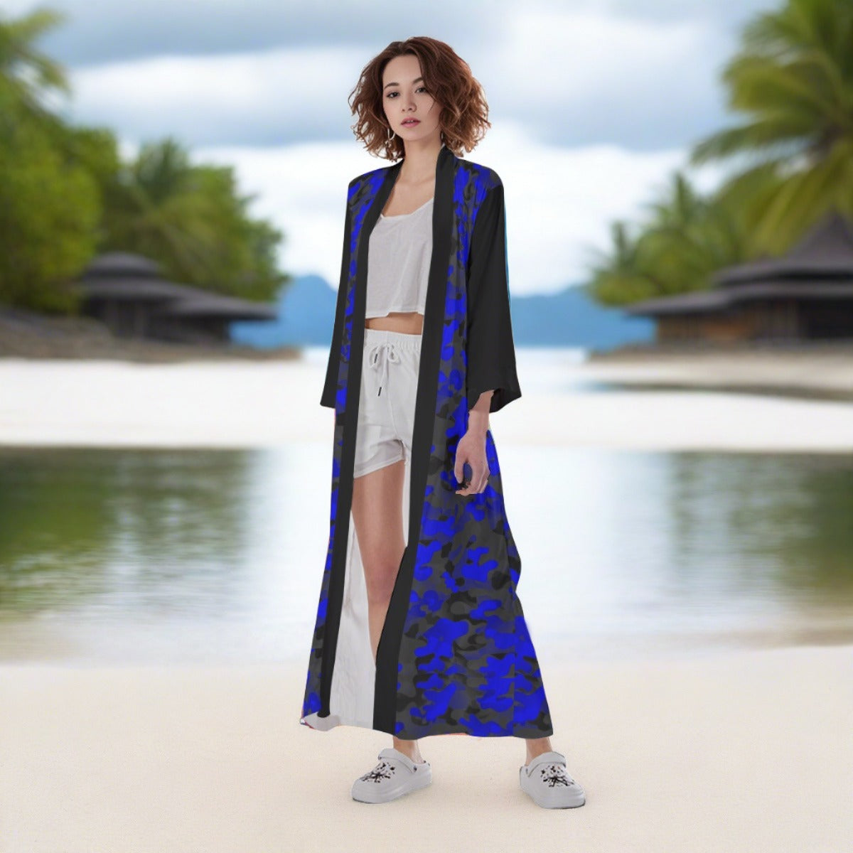 Renaissance Blue & Black Camo Women's Long Satin Kimono Robe