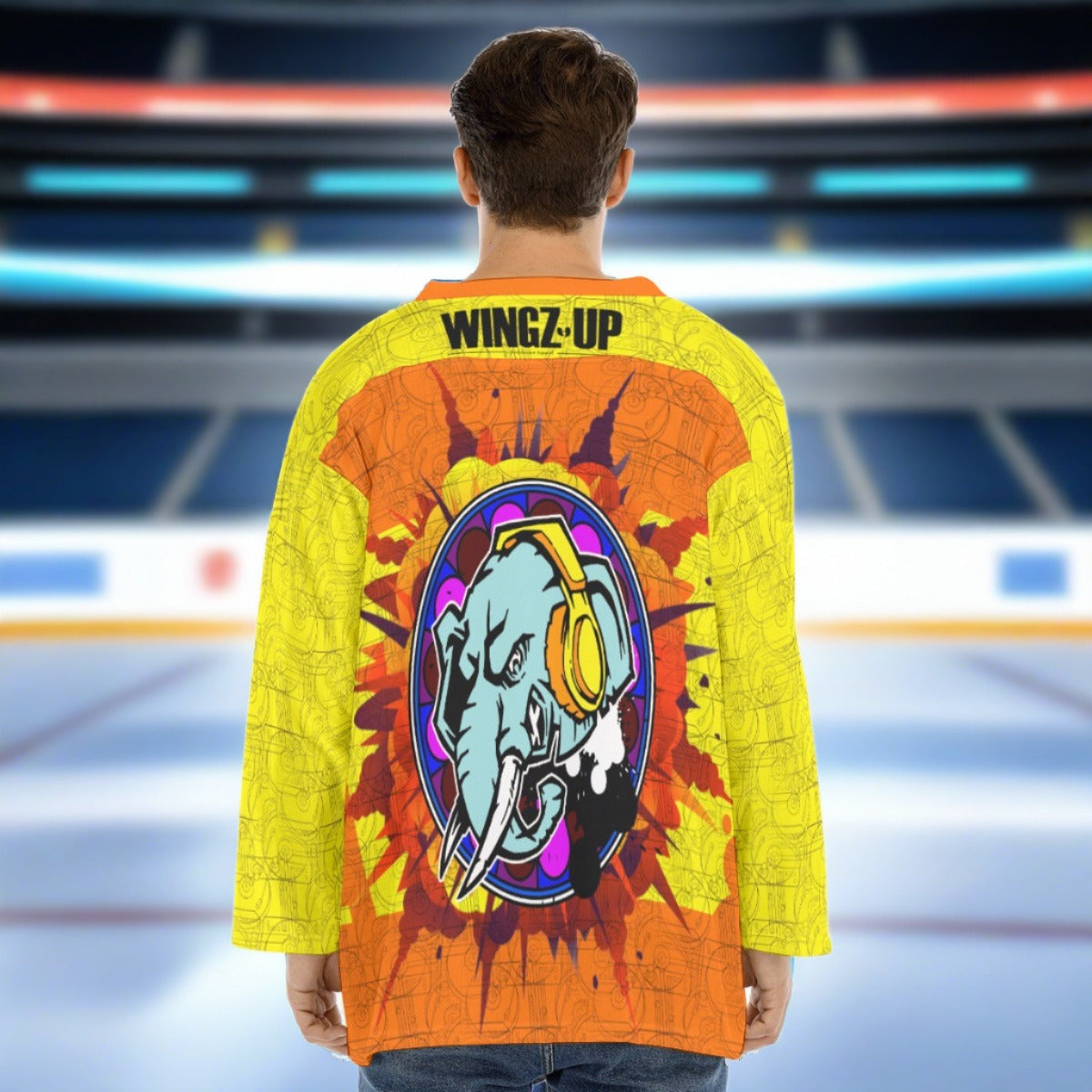 E.L.E. Orange & Yellow Hip Hop Beats Men's V-neck Ice Hockey Jersey