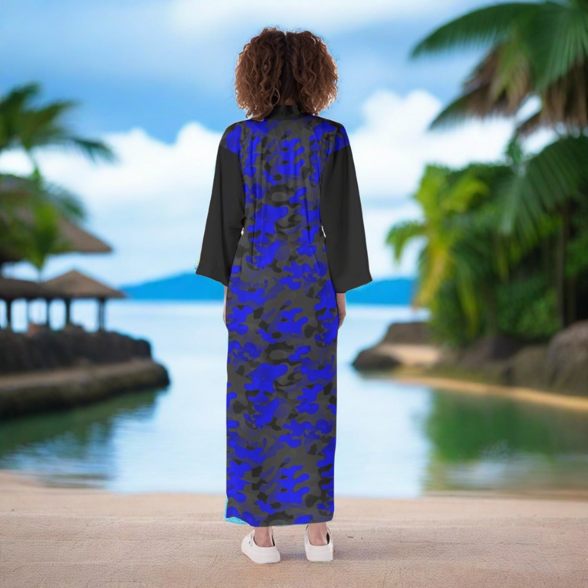 Renaissance Blue & Black Camo Women's Long Satin Kimono Robe