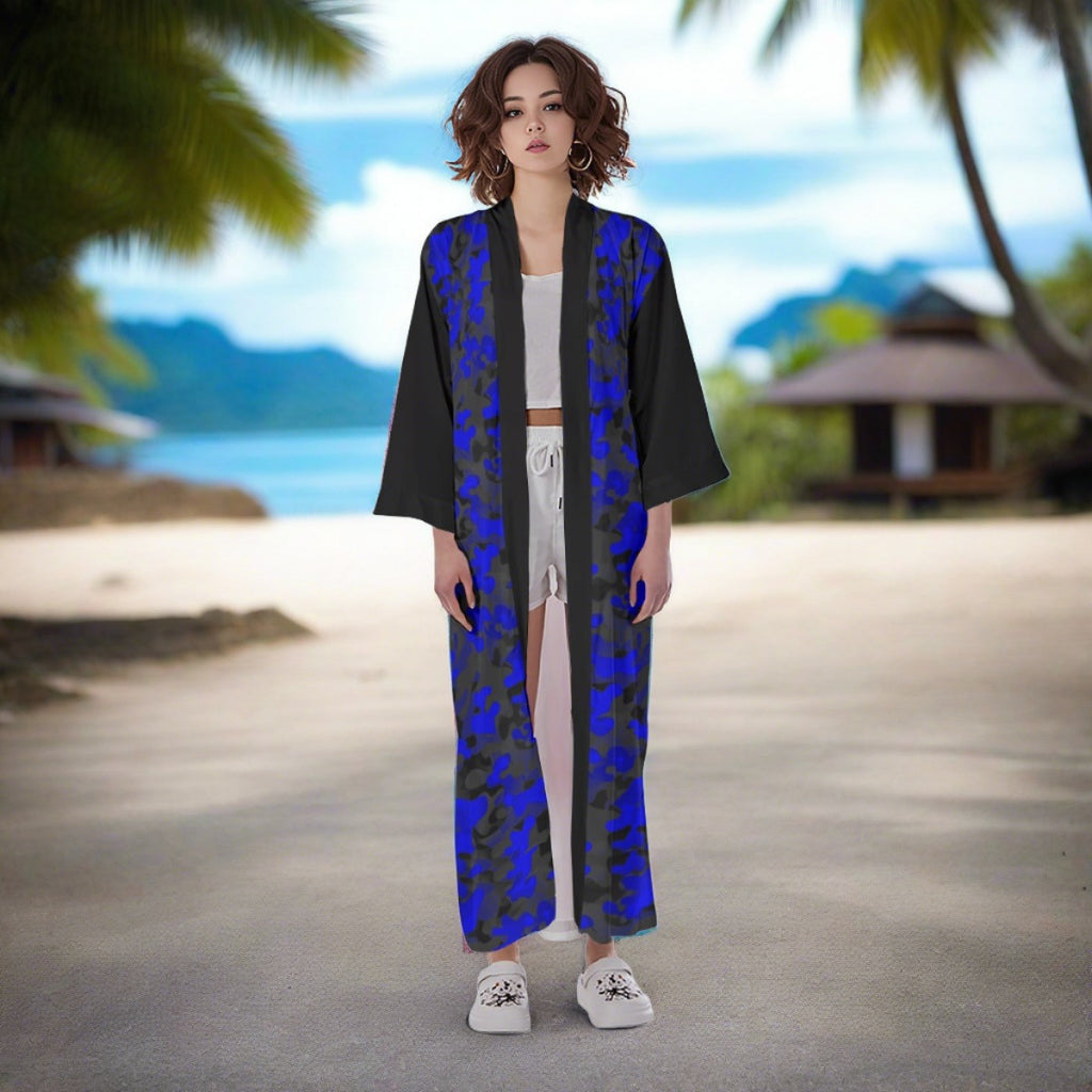 Renaissance Blue & Black Camo Women's Long Satin Kimono Robe