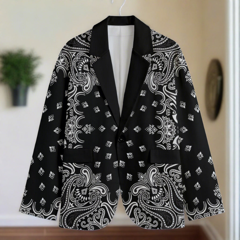 Black Bandana Casual Flat Lapel Collar Blazer