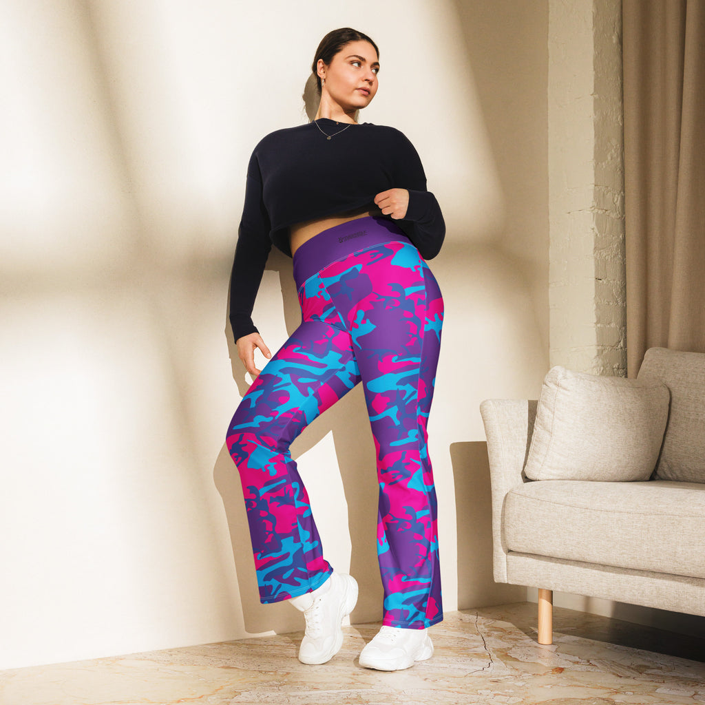 Grape Camo Pink Teal Purple Flare Leggings Eco-Friendly