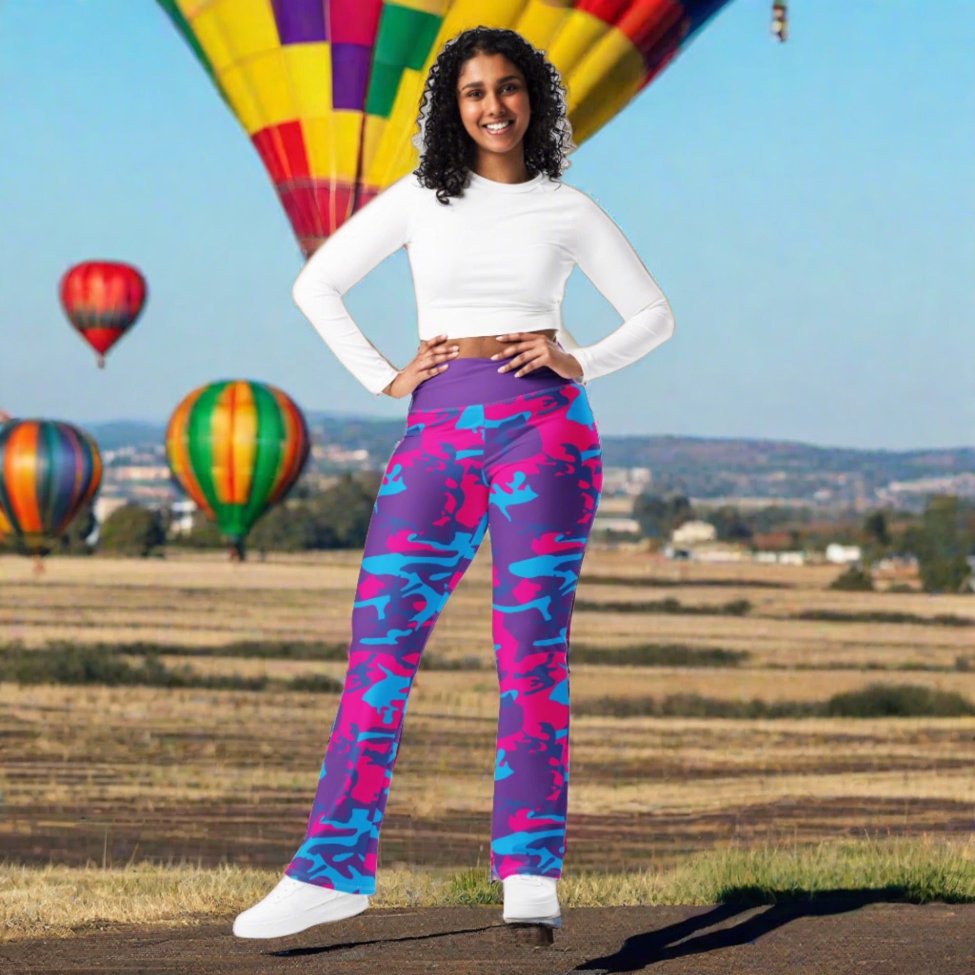 Grape Camo Pink Teal Purple Flare Leggings Eco-Friendly