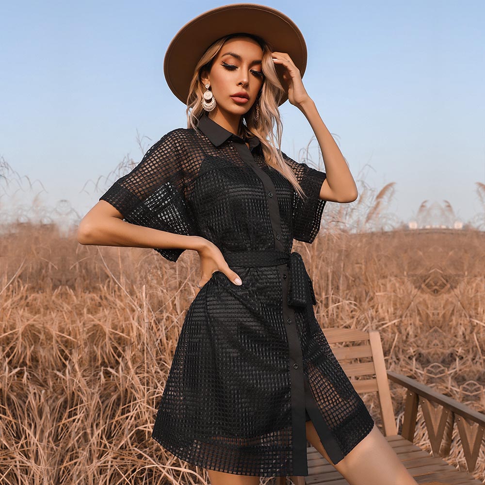 Women's Black Mesh Sheer Dress Lapel Short Sleeves Skirt Suit Women's Black Mesh Sheer Dress Lapel Short Sleeves Skirt Suit