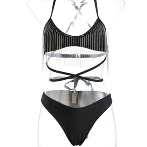 Women's Tassel Bikini Splitting Swimwear Criss Cross Bathing Suit