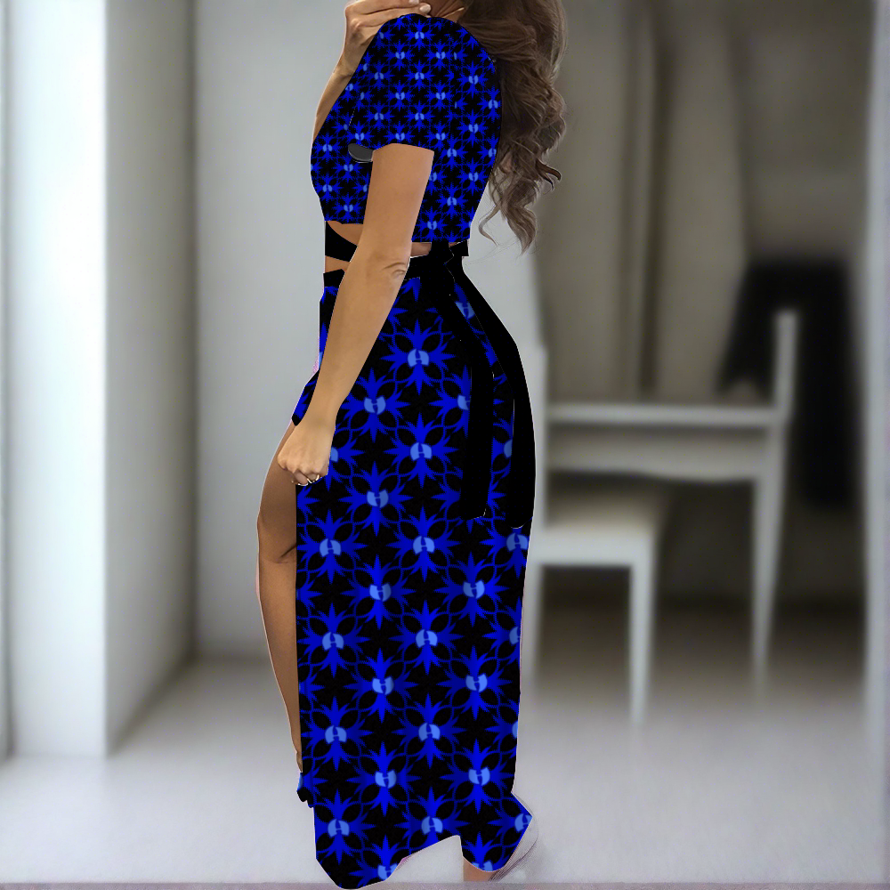 Blue Azure Two Piece Outfit V-Neck Top and Long Skirt Set