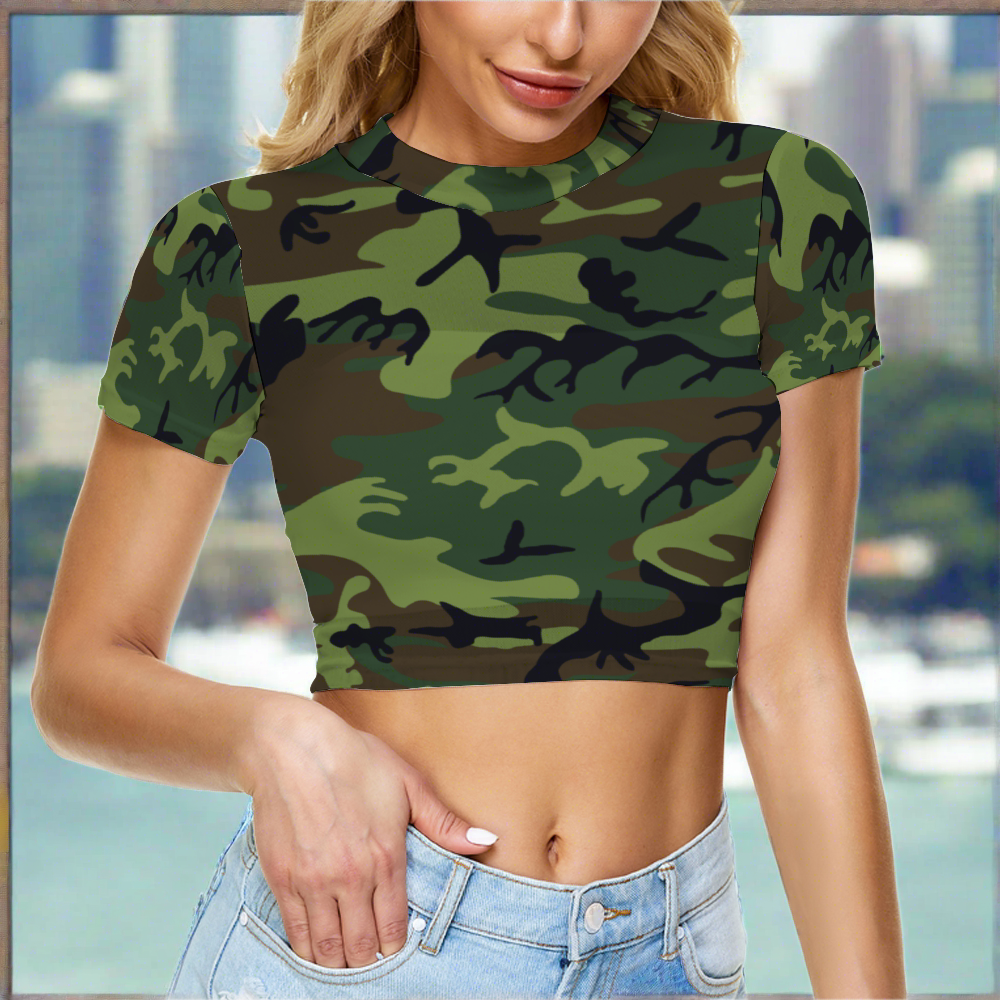 Green Camo GGO Logo Sheer Tee Mesh Crop Top See Through