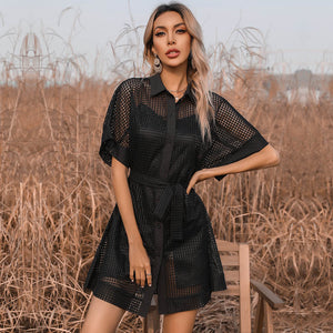 Women's Black Mesh Sheer Dress Lapel Short Sleeves Skirt Suit