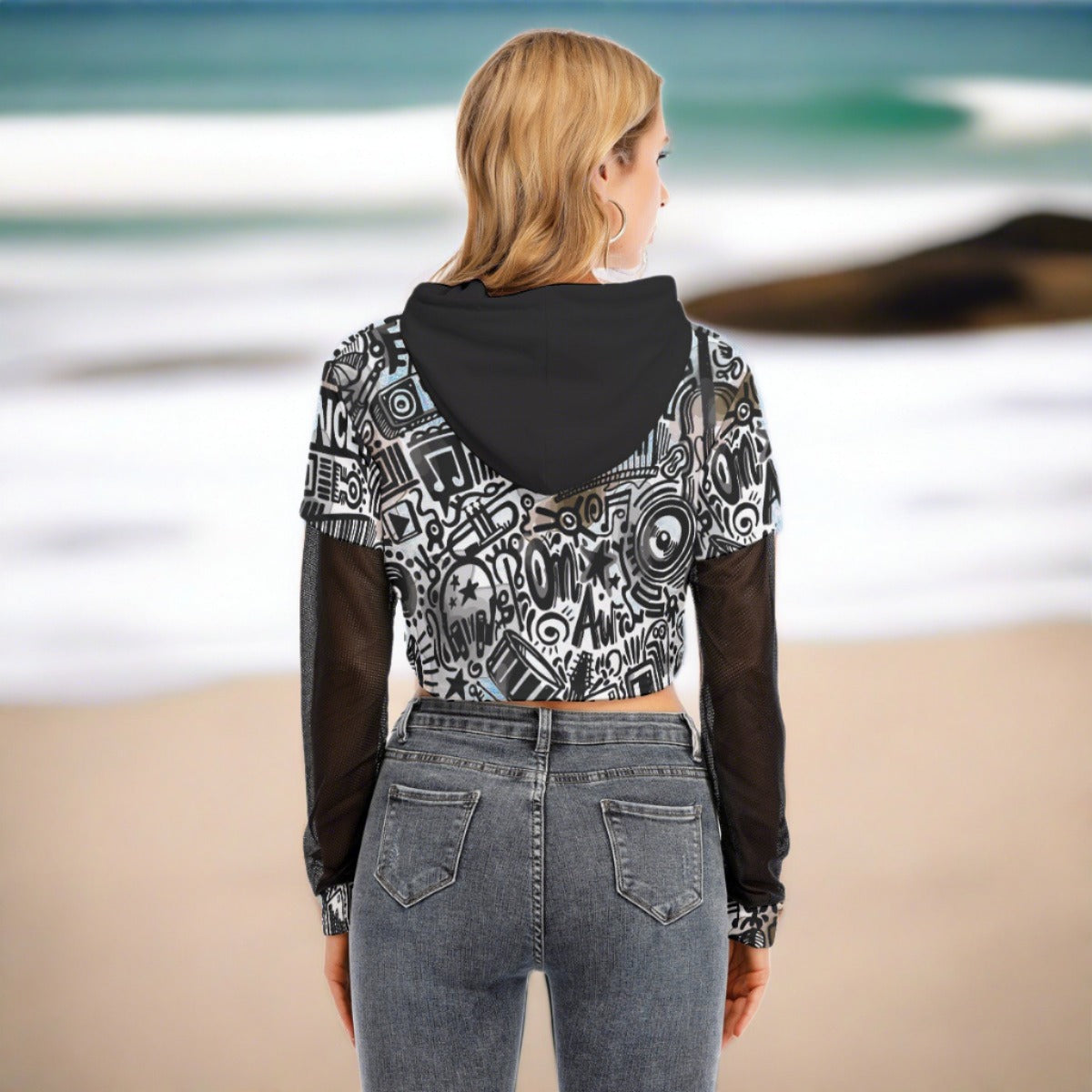 Music Is Life Womens Two Piece Mesh Sleeve Cropped Hoodie