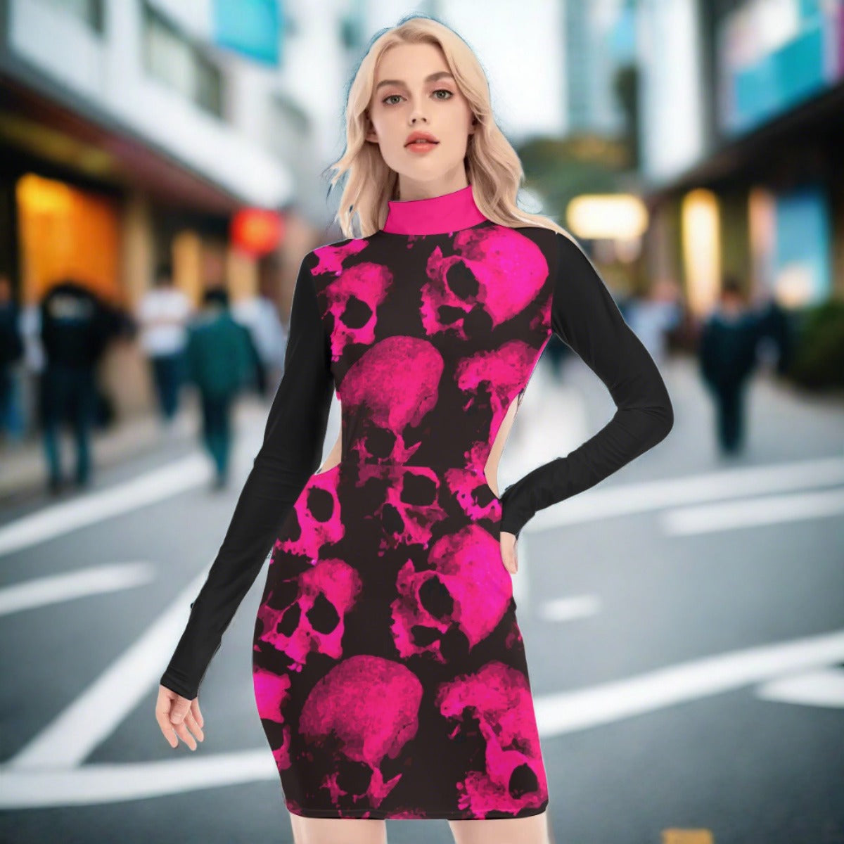 Pink Skulls Women's Waist Hollow Hip Dress