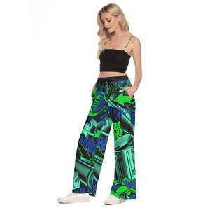 Sea Green Graffit Women's Side Slit Snap Button Trousers
