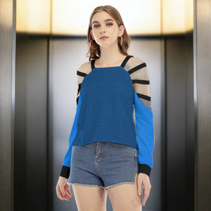 Cyan Blue Women's Sweatshirt With Shoulder Hollow shoulder Strap