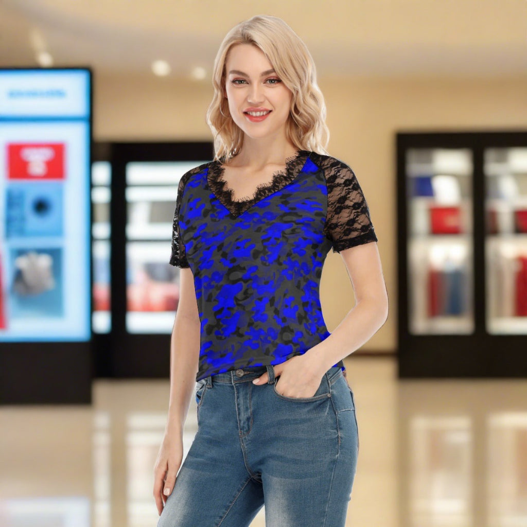 Blue Camo Designer Women's V-neck Shirt W/ Lace