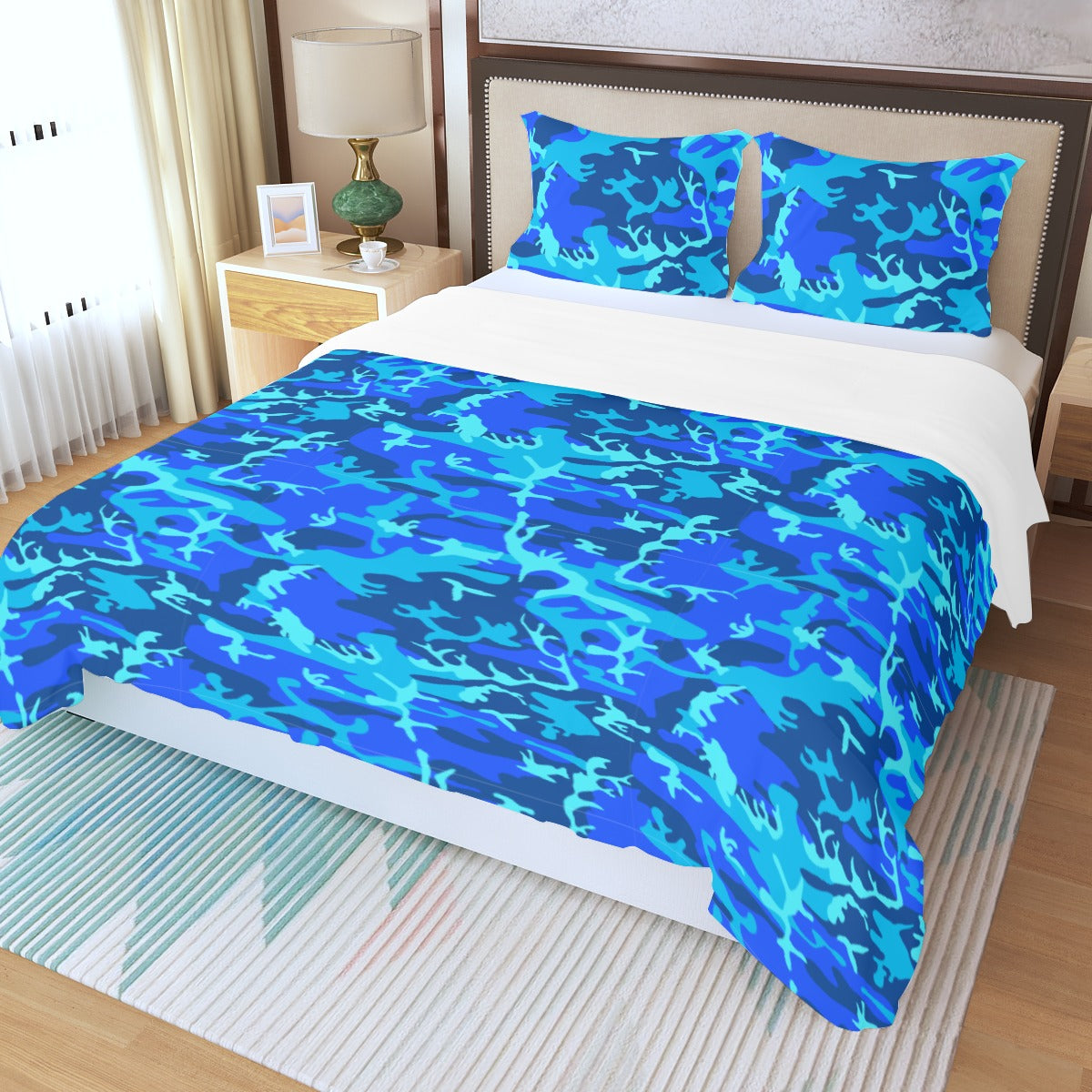 Sky Blue Camo Camouflage Three Piece Duvet Cover Set