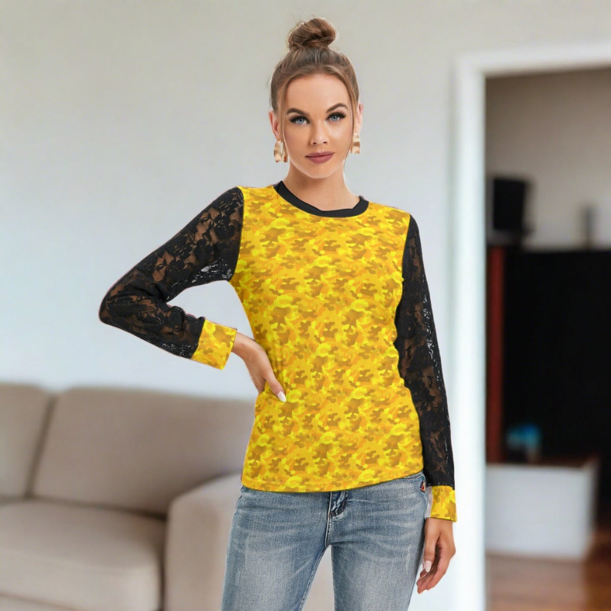 Golden Camo Women's T-shirt with Long Laced Sleeves