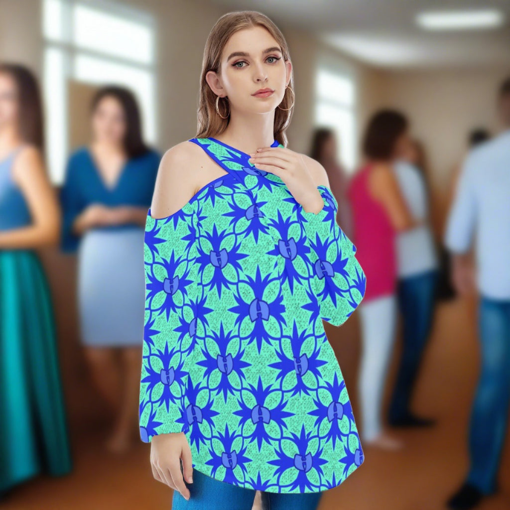 Renaissance Mint Women's Collar Cross Cold-shoulder Blouse