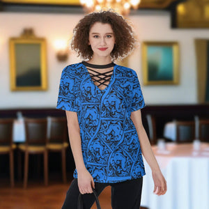 Blue Renaissance V-Neck String Short Sleeve Shirt