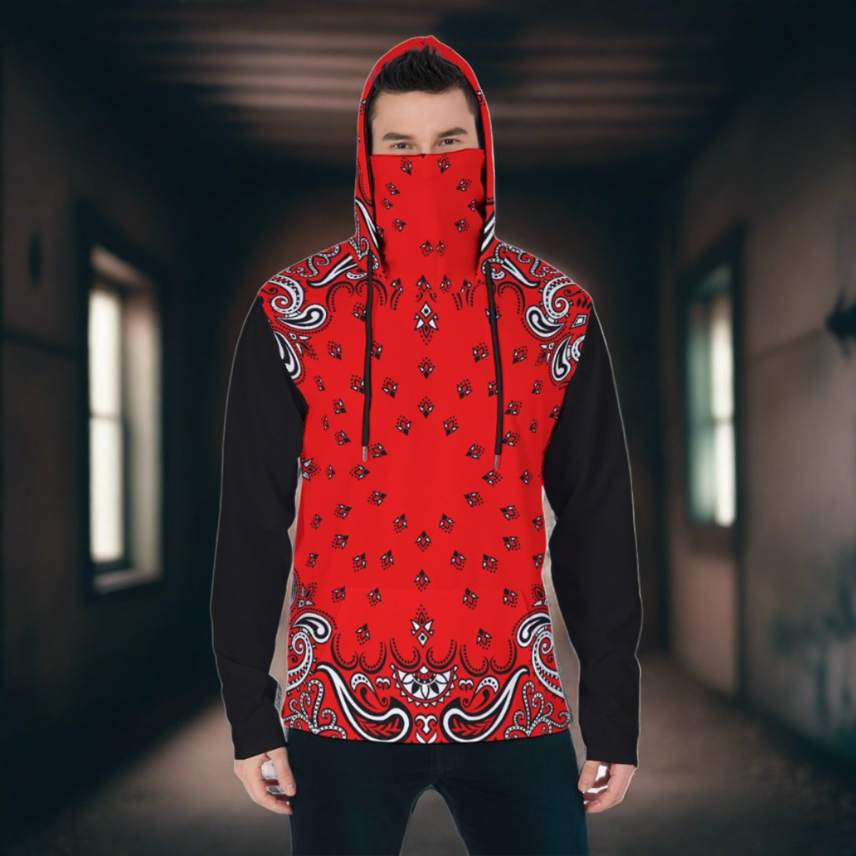 Red Bandana Men's Pullover Hoodie With Mask