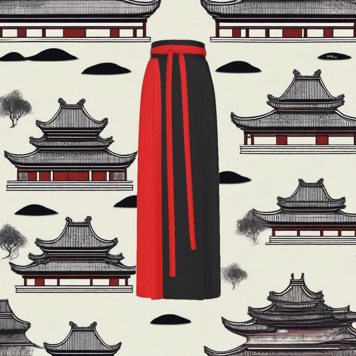 Red and Black Traditional Chinese Pleated Skirt