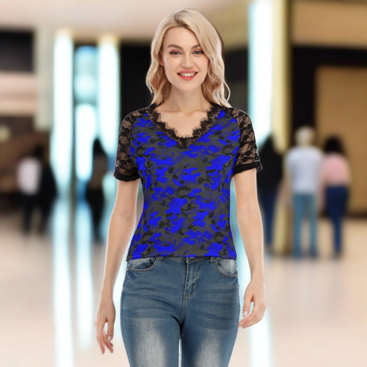 Blue Camo Designer Women's V-neck Shirt W/ Lace