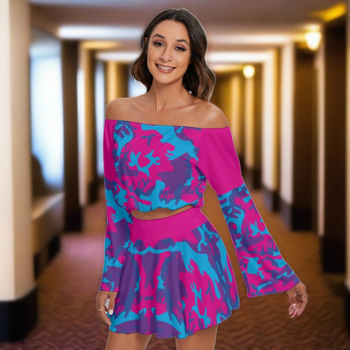 Pink Grape Camo Women's Off-shoulder Top And Skirt Set