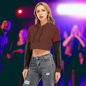 Maroon Maze Women's Fake Two-piece Mesh Sleeve Cropped Hoodie
