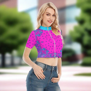 Pink Grape Bandana Women's Short Sleeve T-shirt With Two-way Zipper