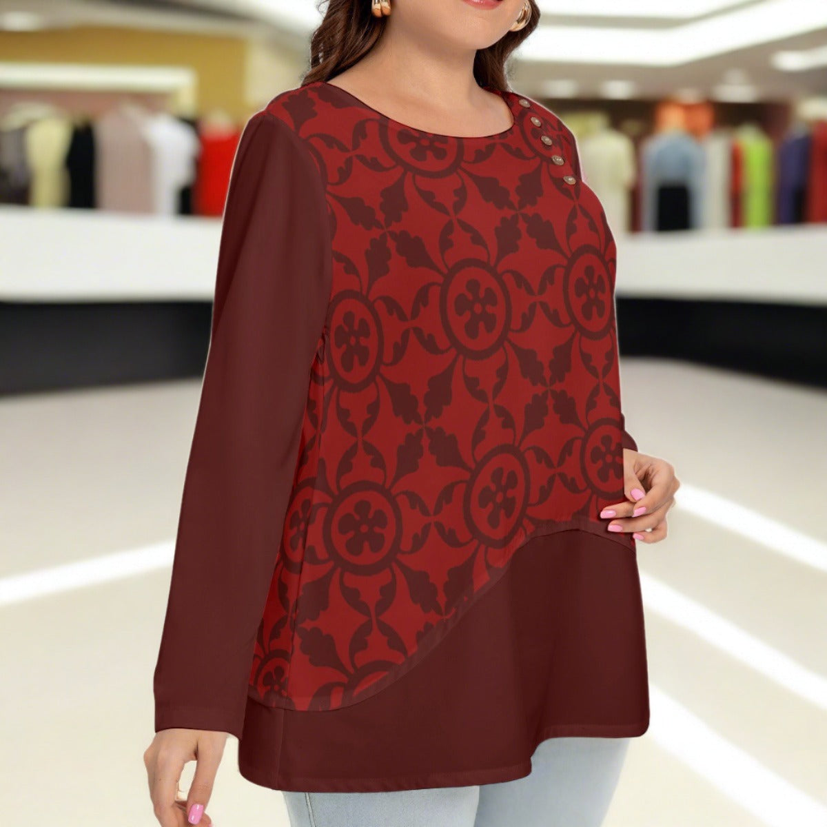 Renaissance Women’s O-Neck T-shirt With Decorative Buttons (Plus Size)