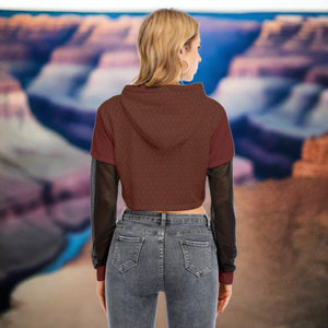 Maroon Maze Women's Fake Two-piece Mesh Sleeve Cropped Hoodie