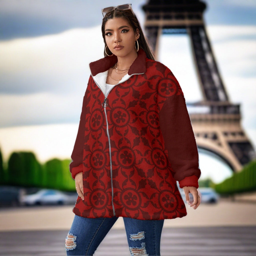 Renaissance Women's Borg Fleece Stand-up Collar Coat With Zipper Closure(Plus Size)