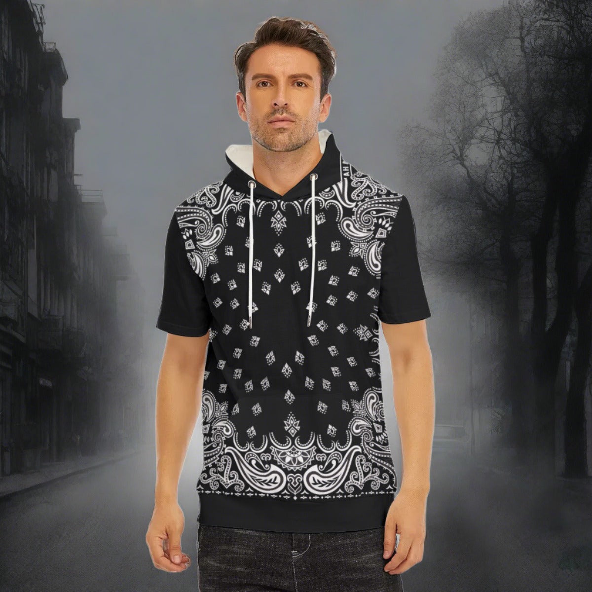 HRMI Black Bandana Men's Short Sleeve Hoodie T-Shirt | Cotton