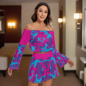 Pink Grape Camo Women's Off-shoulder Top And Skirt Set