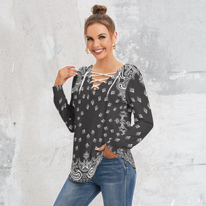 Black Bandana Women's Long Sleeve Neckline Tie Sweatshirt