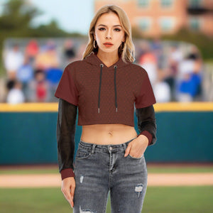 Maroon Maze Women's Fake Two-piece Mesh Sleeve Cropped Hoodie