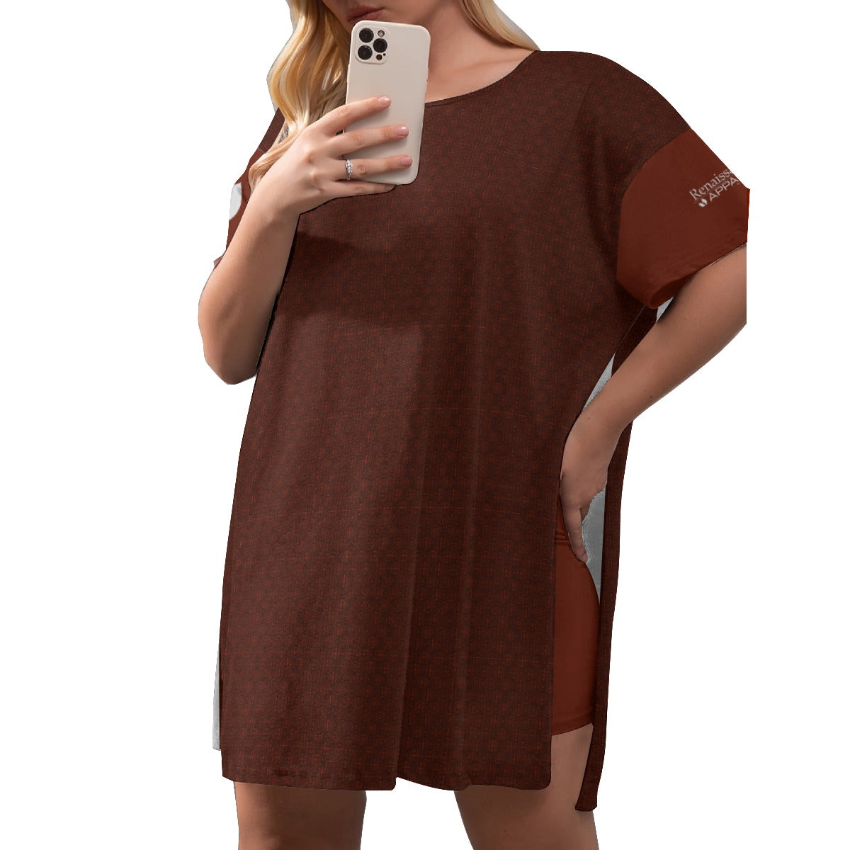 Renaissance Ruby Women's Drop-Shoulder T-Shirt with Side Split and Shorts (Plus Size)