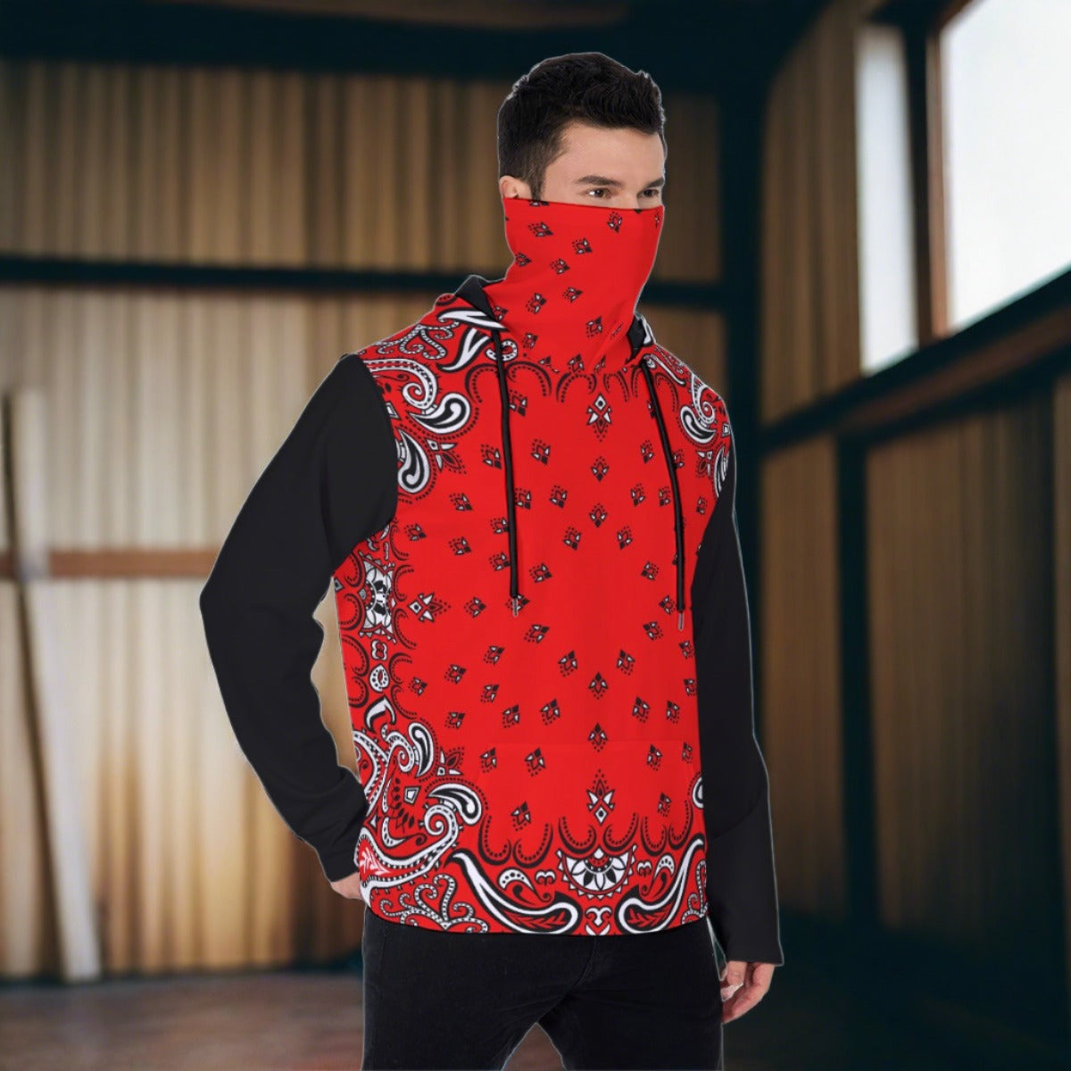Red Bandana Men's Pullover Hoodie With Mask