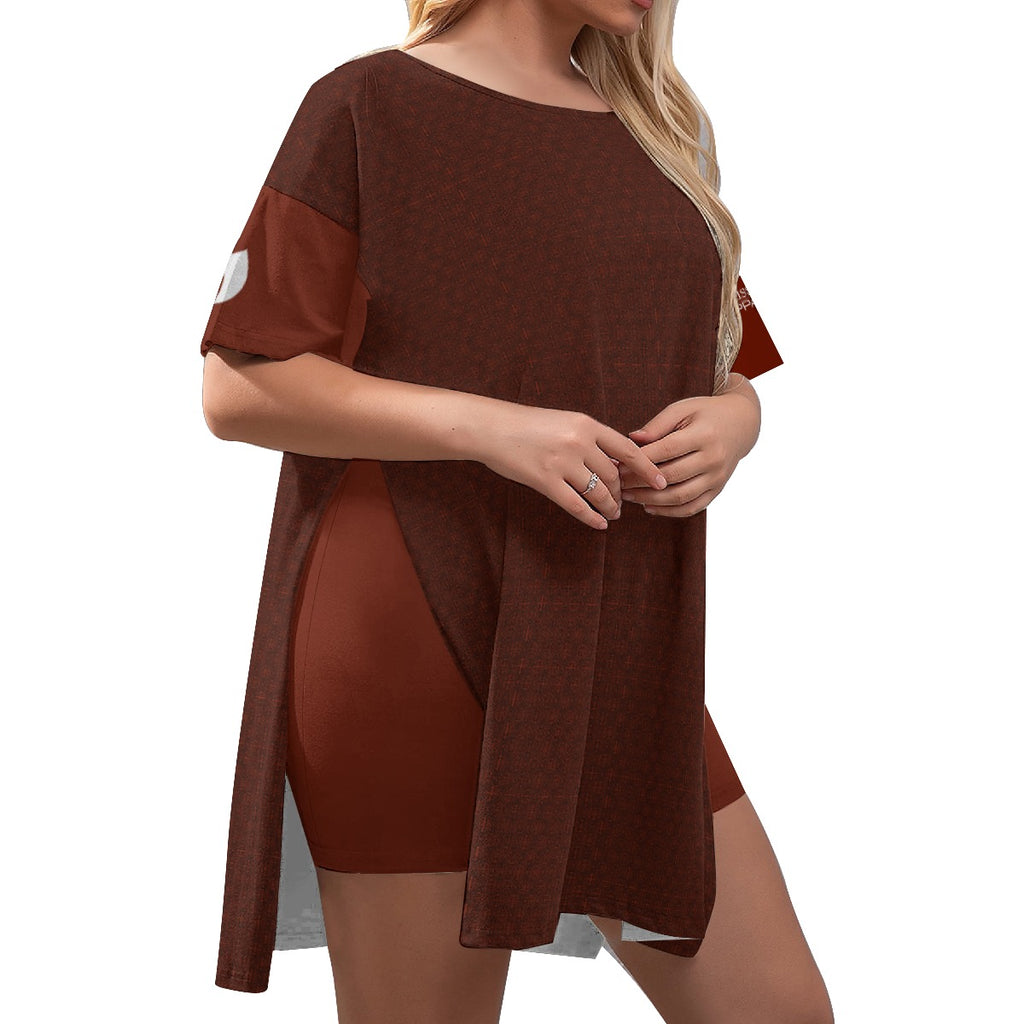 Renaissance Ruby Women's Drop-Shoulder T-Shirt with Side Split and Shorts (Plus Size)