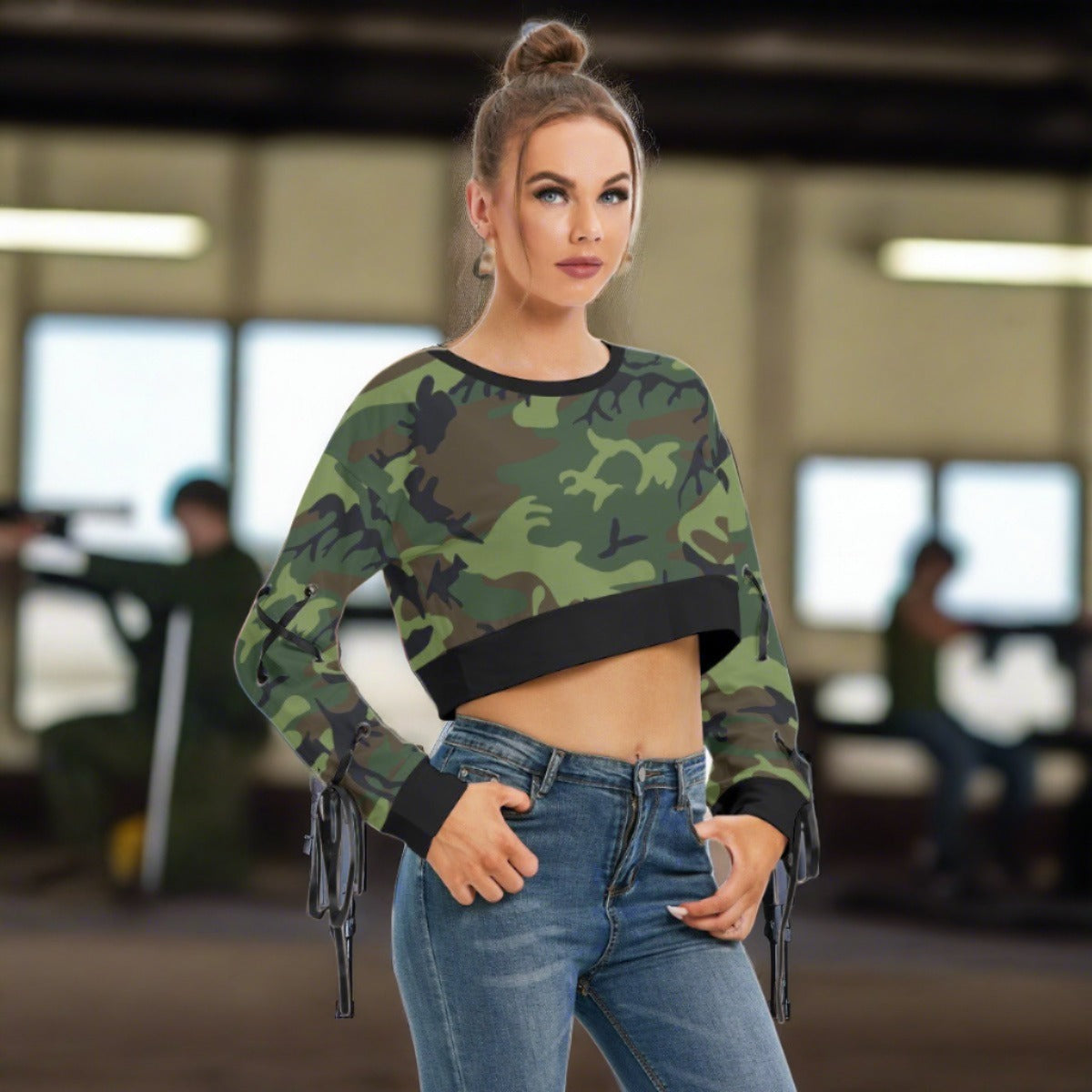 Renaissance Camo Women's Long Sleeve Cropped Sweatshirt With Lace up