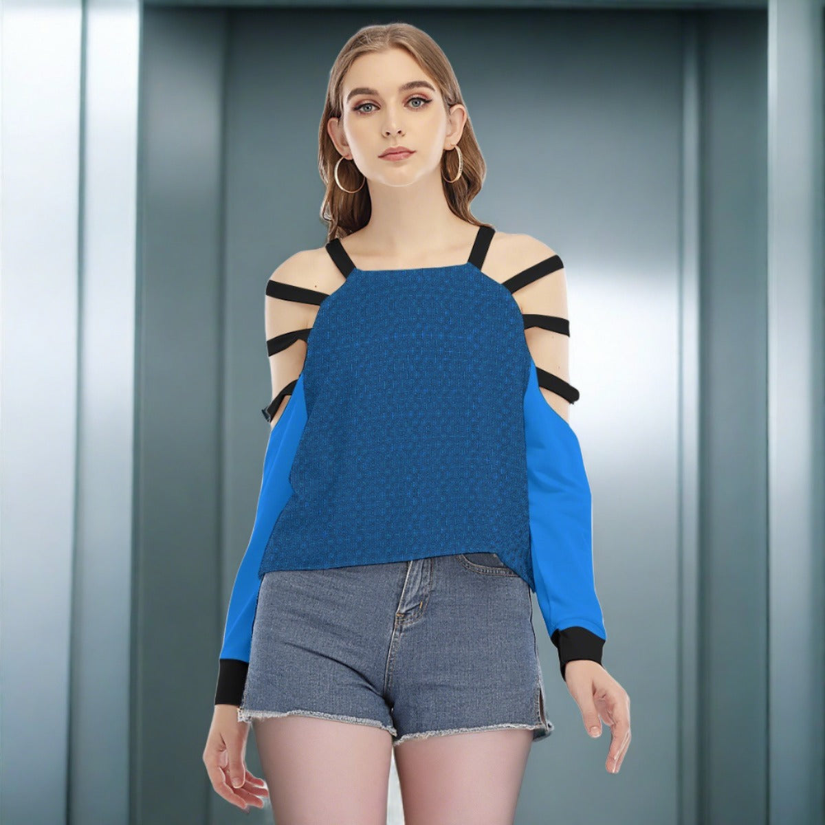 Cyan Blue Women's Sweatshirt With Shoulder Hollow shoulder Strap