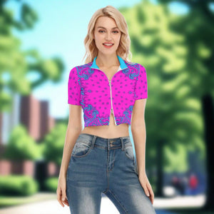 Pink Grape Bandana Women's Short Sleeve T-shirt With Two-way Zipper