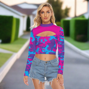 Pink Grape Camo Women's Hollow Chest Keyhole Tight Crop Top