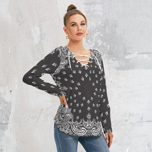 Black Bandana Women's Long Sleeve Neckline Tie Sweatshirt