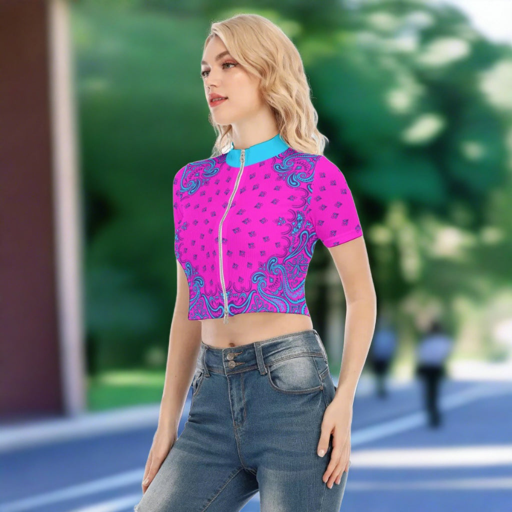 Pink Grape Bandana Women's Short Sleeve T-shirt With Two-way Zipper