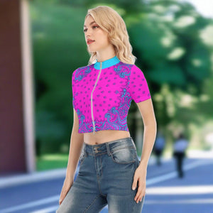 Pink Grape Bandana Women's Short Sleeve T-shirt With Two-way Zipper